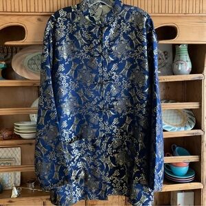 Elegant Blue and Gold Men Changshan Chinese silk like outfit